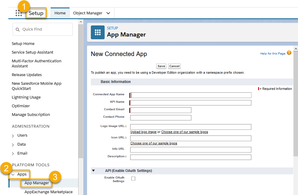 The Set up, Apps, and App Manager menu options are highlighted in the navigation on the left and the New Connected App form is shown in the middle of the page with empty fields